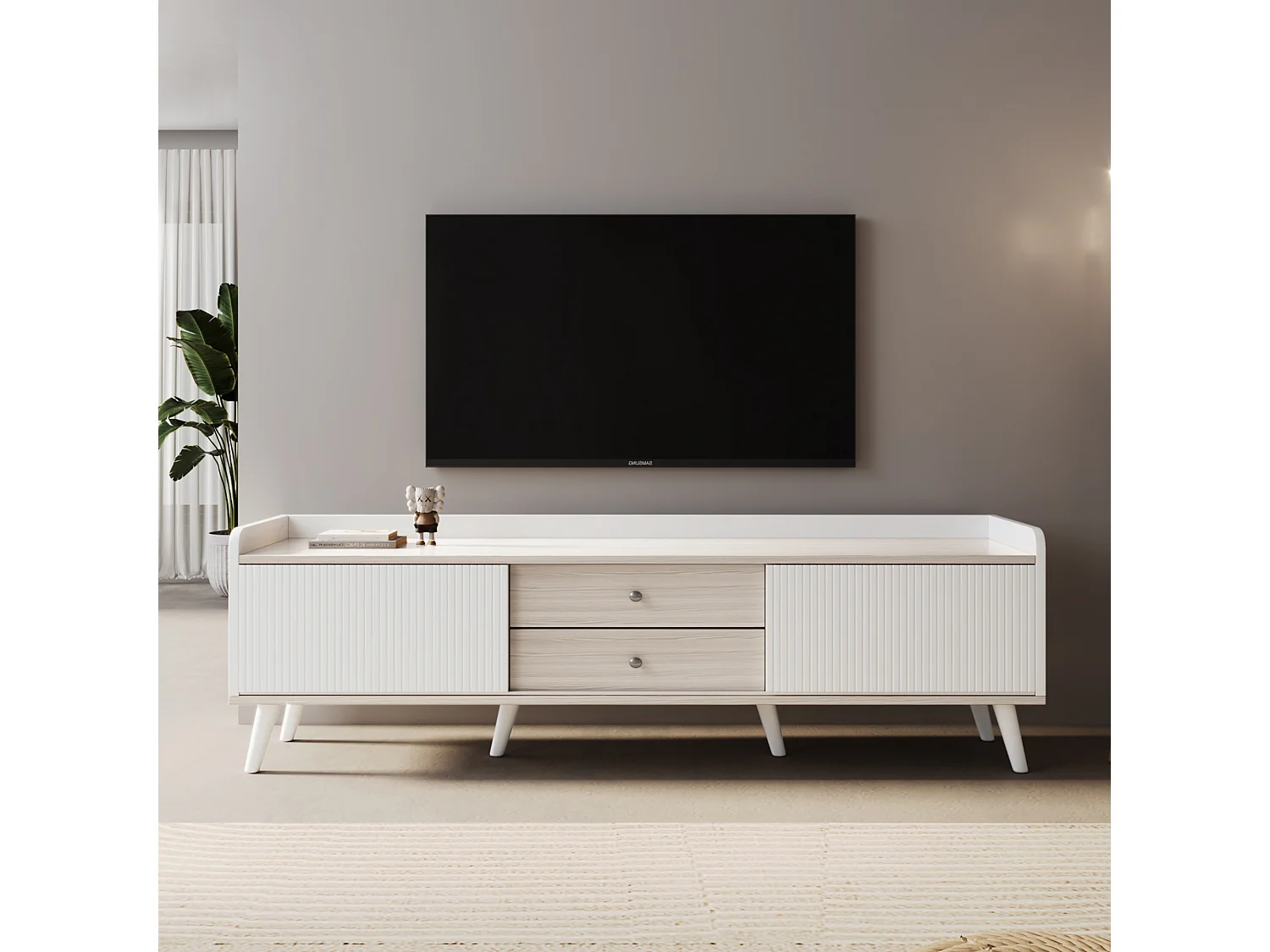 160 cm witte en houten tv-meubel met 2 lades, 2 deuren en houten poten - Geschikt voor woonkamers en kantoren