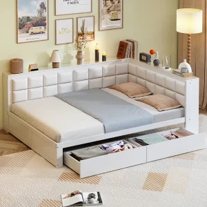 Bankbed 140×200 cm met 2 opbergladen en lattenbodem, wit – zonder matras Bankbed 140×200 cm met 2 opbergladen en lattenbodem, wit – zonder matras