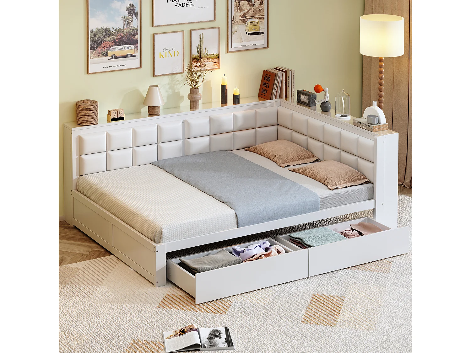 Bankbed 140x200 cm met 2 opbergladen en lattenbodem, wit – zonder matras
