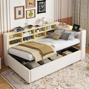 90×200 cm slaapbank, beige fluweel, bed met opbergruimte, led-lampje en USB-aansluiting – zonder matras