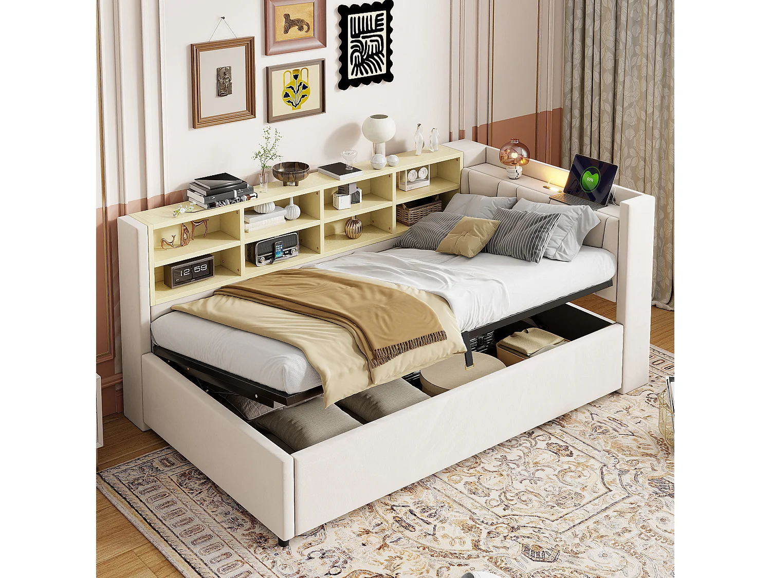90x200 cm slaapbank, beige fluweel, bed met opbergruimte, led-lampje en USB-aansluiting - zonder matras