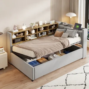 90×200 cm slaapbank, lichtgrijs fluweel, bed met opbergruimte, led-lampje en USB-aansluiting – zonder matras