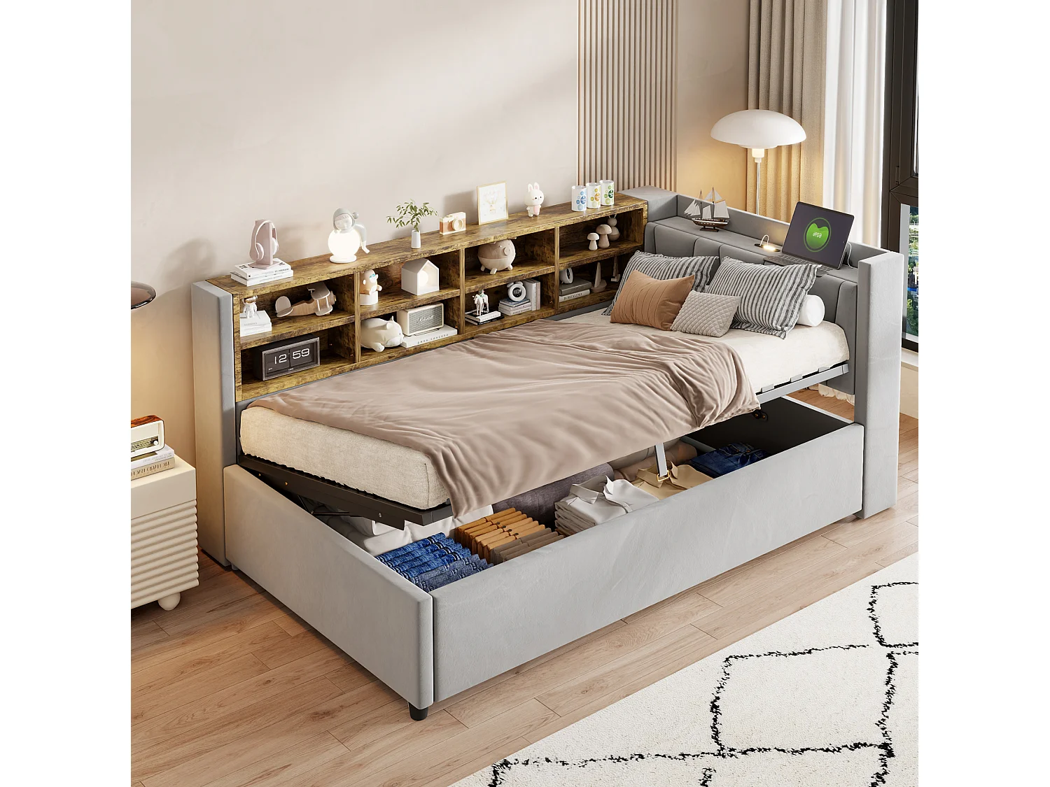 90x200 cm slaapbank, lichtgrijs fluweel, bed met opbergruimte, led-lampje en USB-aansluiting - zonder matras