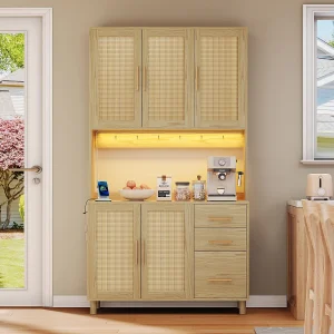 183 cm keukendressoir met ledverlichting, USB-aansluitingen, verstelbare planken en 3 lades – naturel 183 cm keukendressoir met ledverlichting, USB-aansluitingen, verstelbare planken en 3 lades – naturel
