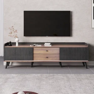 160 cm zwarte en houten tv-meubel met 2 lades, 2 deuren en houten poten – Geschikt voor woonkamers en kantoren