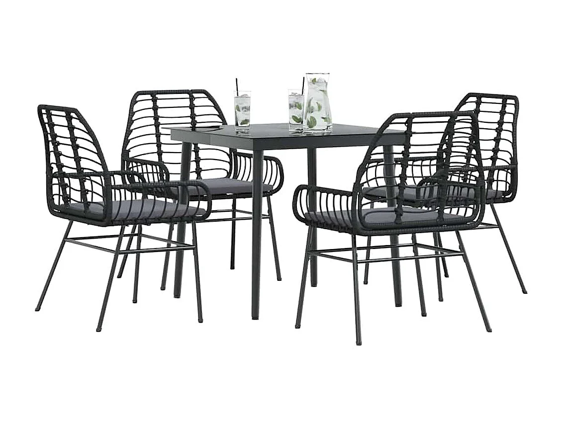5-delige Tuinset met kussens poly rattan glas zwart