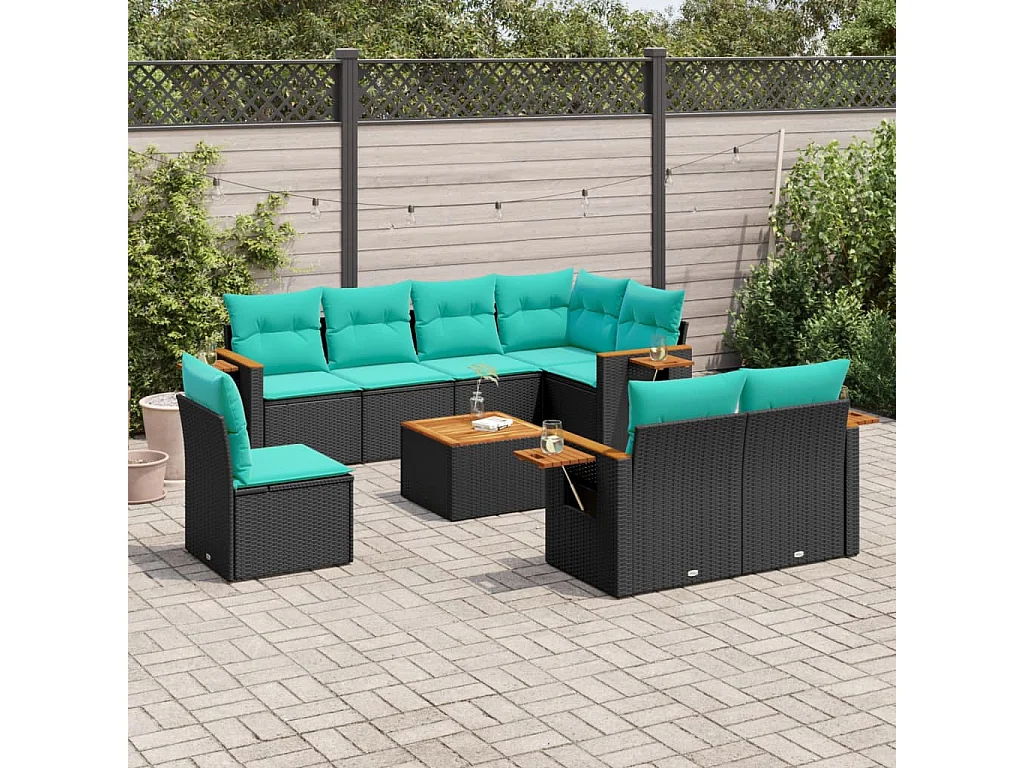 9-delige Loungeset met kussens poly rattan zwart