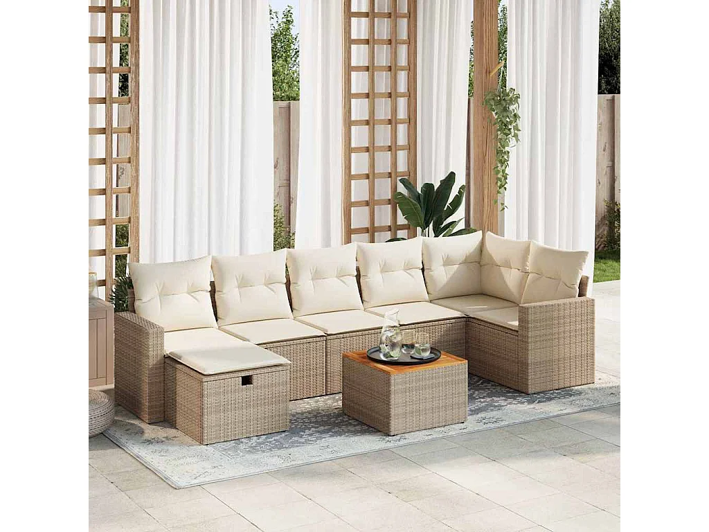 8-delige Loungeset met kussens poly rattan beige