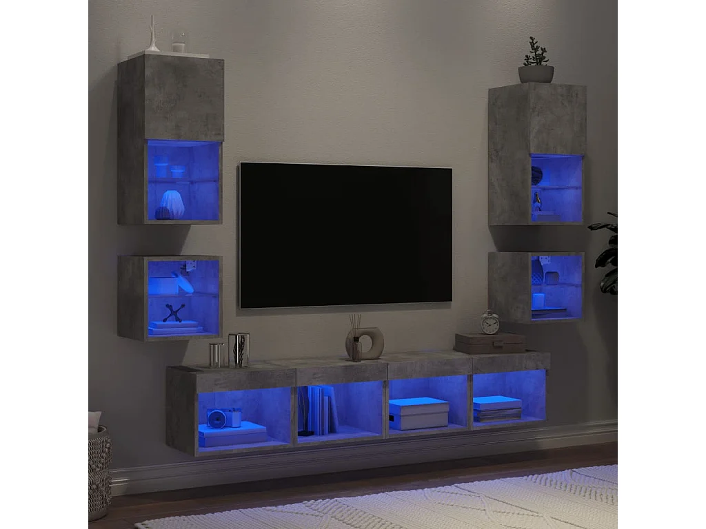 8-delige Tv-wandmeubelset met LED bewerkt hout betongrijs
