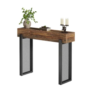 105 cm houten consoletafel met opbergruimte, industriële kleine haltafel met metalen gaaspoten 105 cm houten consoletafel met opbergruimte, industriële kleine haltafel met metalen gaaspoten