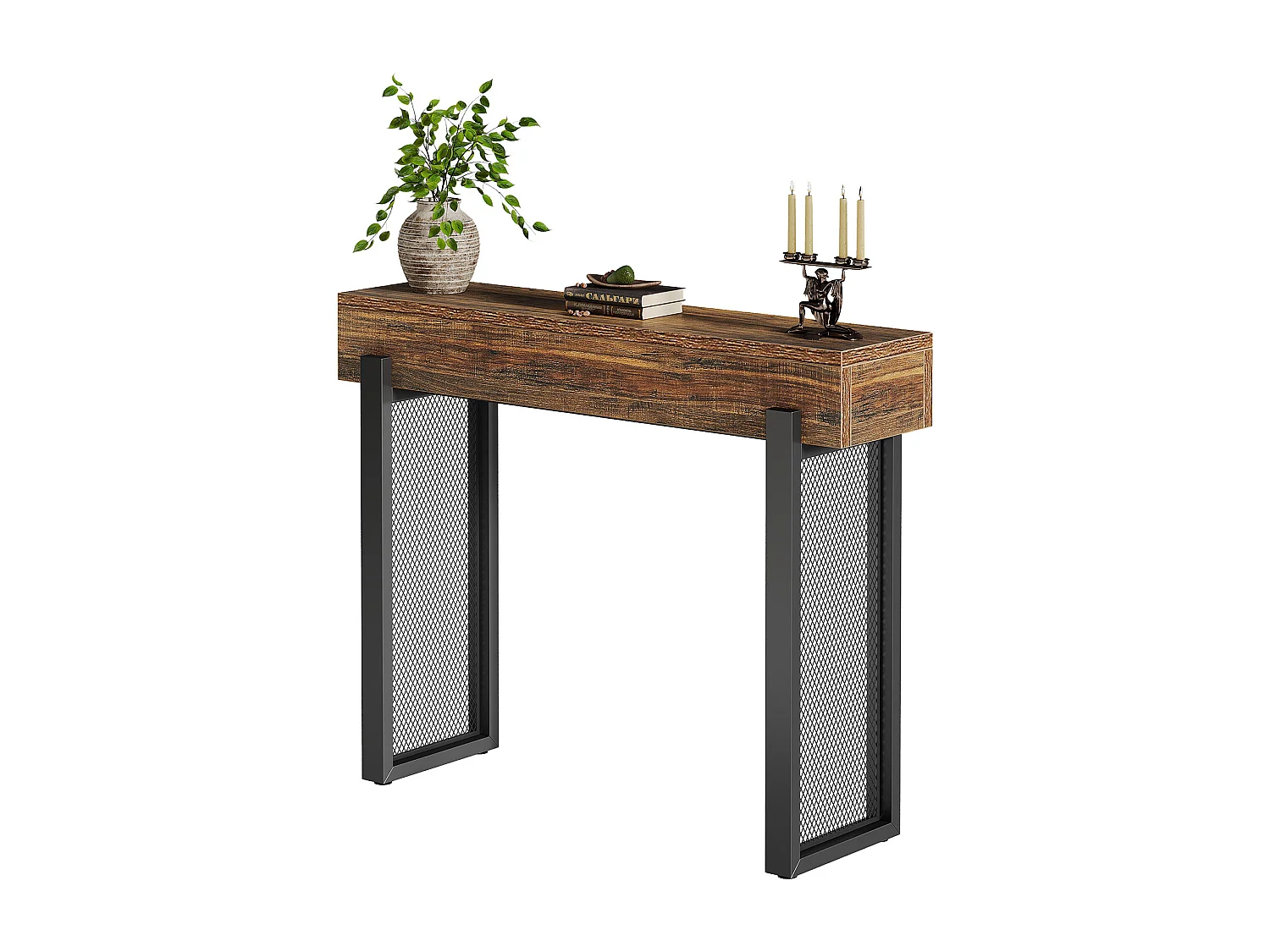 105 cm houten consoletafel met opbergruimte, industriële kleine haltafel met metalen gaaspoten