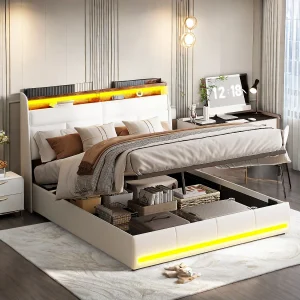 160 x 200 cm opbergbed met lattenbodem, tweepersoonsbed met LED-verlichting in PU, wit 160 x 200 cm opbergbed met lattenbodem, tweepersoonsbed met LED-verlichting in PU, wit