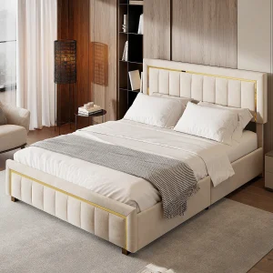 140×200 opbergbed, tweepersoonsbed met hydraulisch mechanisme en lattenbodem, wit, beige