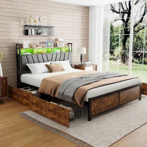 140x200cm metalen tweepersoonsbed met LED en USB, 4 lades, lattenbodem, zwart