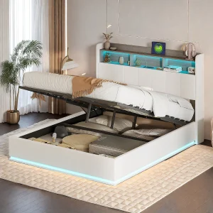 160×200 opbergbed, tweepersoonsbed met kussens, met LED en USB, lattenbodem, fluweel, wit 160×200 opbergbed, tweepersoonsbed met kussens, met LED en USB, lattenbodem, fluweel, wit