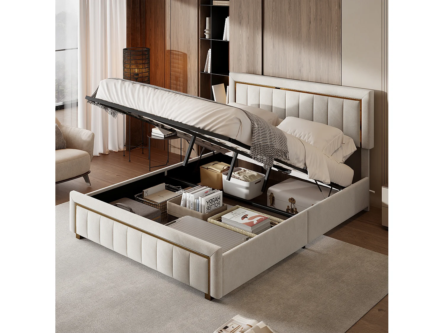 160x200 opbergbed, tweepersoonsbed met hydraulisch mechanisme en lattenbodem, fluweel, beige