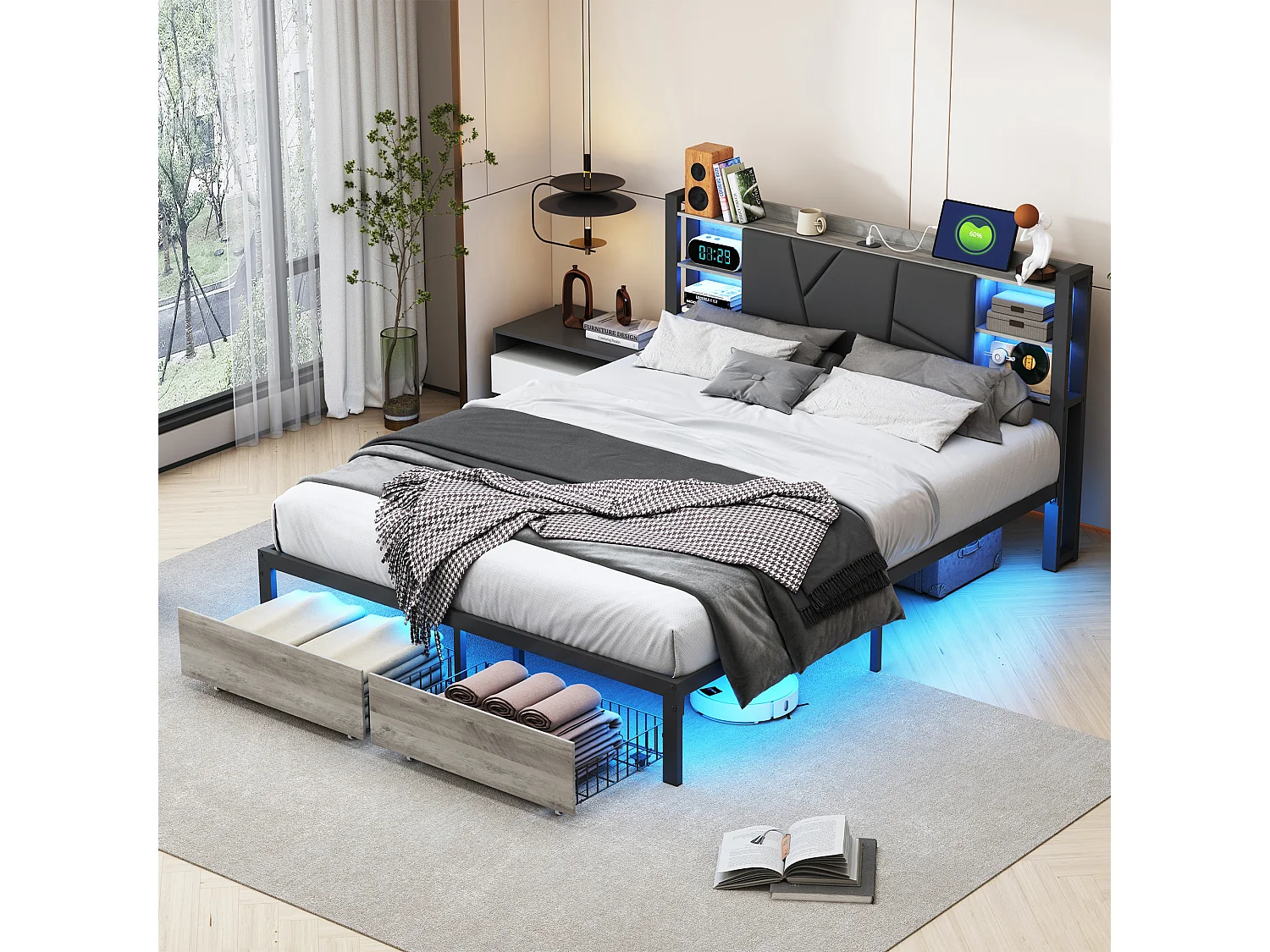 140 x 200 cm metalen tweepersoonsbed met LED en USB, met opbergruimte, lattenbodem, zwart