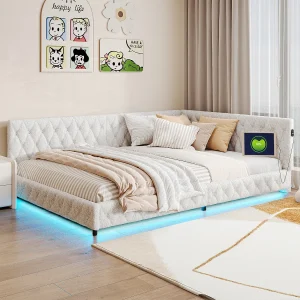 140×200 cm fluwelen tweepersoonsbed met LED en USB, lattenbodem, beige 140×200 cm fluwelen tweepersoonsbed met LED en USB, lattenbodem, beige