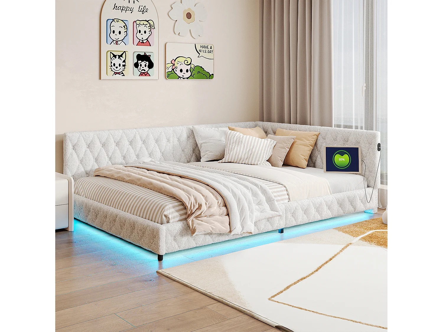 140x200 cm fluwelen tweepersoonsbed met LED en USB, lattenbodem, beige