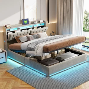 140×200 opbergbed met bodem, gestoffeerd tweepersoonsbed, opbergbedden voor volwassenen met bodem, grijs