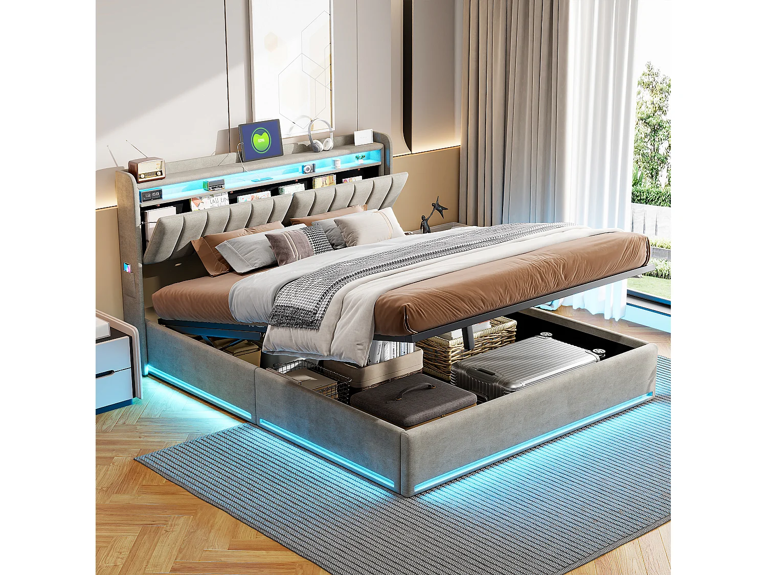 140×200 opbergbed met bodem, gestoffeerd tweepersoonsbed, opbergbedden voor volwassenen met bodem, grijs