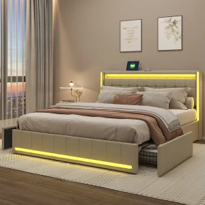 140 * 190 cm beige volwassen bed, hoofdeinde met LED-verlichting en USB-oplader, met 4 lades 140 * 190 cm beige volwassen bed, hoofdeinde met LED-verlichting en USB-oplader, met 4 lades