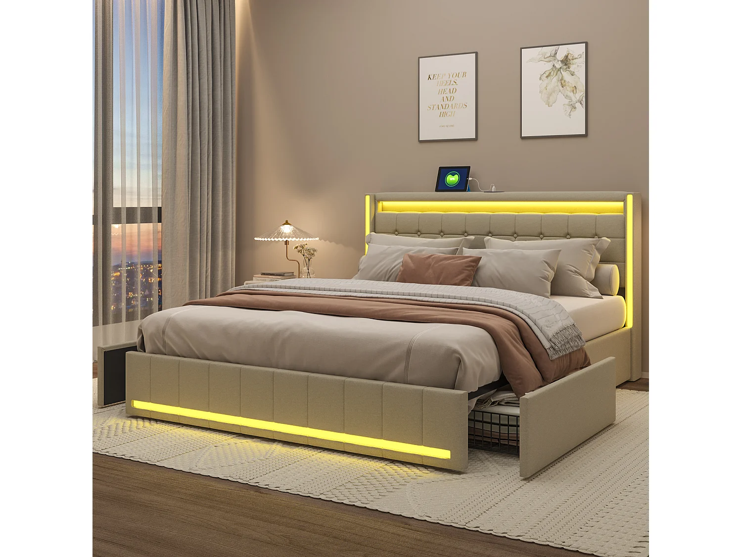 140 * 190 cm beige volwassen bed, hoofdeinde met LED-verlichting en USB-oplader, met 4 lades