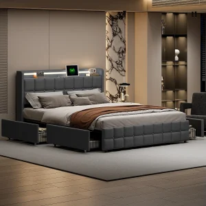 160x200cm Volwassen Bed, Gestoffeerd Tweepersoonsbed met 4 Laden en LED, USB-aansluiting en Hoofdeinde, Linnen, Grijs 160x200cm Volwassen Bed, Gestoffeerd Tweepersoonsbed met 4 Laden en LED, USB-aansluiting en Hoofdeinde, Linnen, Grijs