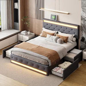 140×190 LED en USB bedbodem, tweepersoonsbed in linnen met LED hoofdbord en voeteneinde, 4 metalen lades, grijs 140×190 LED en USB bedbodem, tweepersoonsbed in linnen met LED hoofdbord en voeteneinde, 4 metalen lades, grijs