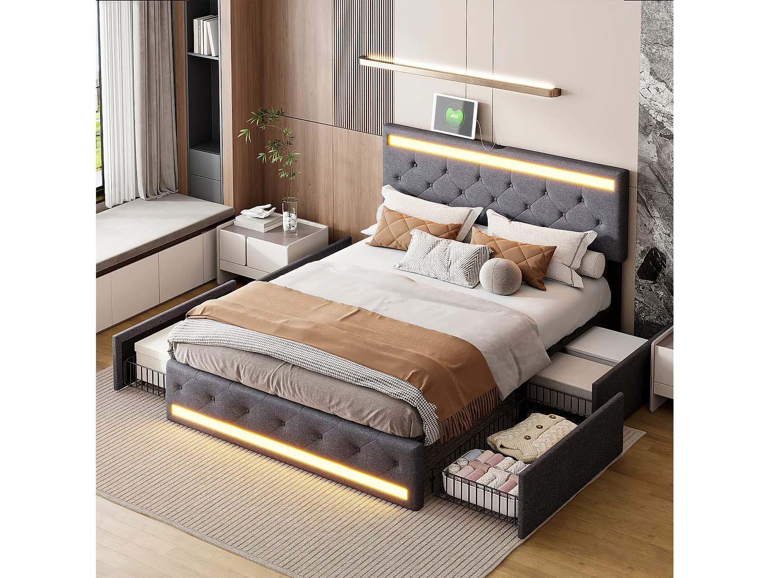 140×190 LED en USB bedbodem, tweepersoonsbed in linnen met LED hoofdbord en voeteneinde, 4 metalen lades, grijs