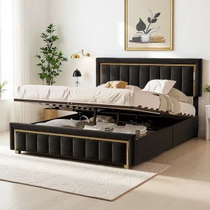 140×200 opbergbed met gewatteerd hoofdeinde, tweepersoonsbedden met lattenbodem, zwart 140×200 opbergbed met gewatteerd hoofdeinde, tweepersoonsbedden met lattenbodem, zwart