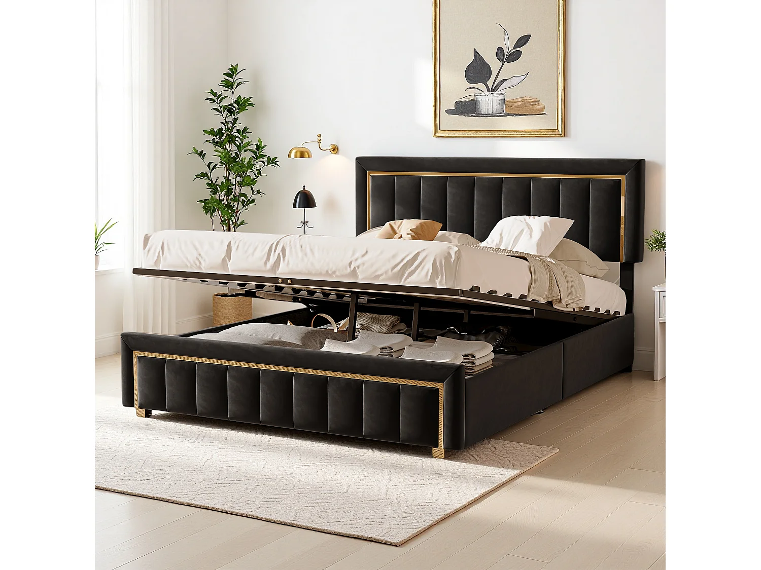 140x200 opbergbed met gewatteerd hoofdeinde, tweepersoonsbedden met lattenbodem, zwart