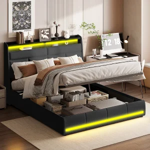 140×200 Opbergbed met basis en USB, LED, Bedframe met opbergruimte en hoofdeinde, Zwart