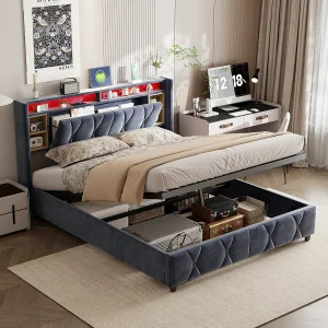 160×200 cm Opbergbed met USB en opbergruimte, tweepersoonsbed met opberghoofdeinde, fluweel 160×200 cm Opbergbed met USB en opbergruimte, tweepersoonsbed met opberghoofdeinde, fluweel