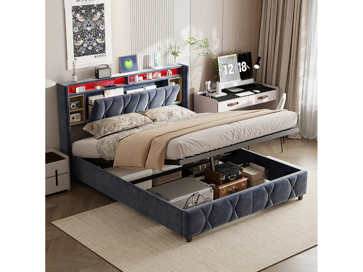 160x200 cm Opbergbed met USB en opbergruimte, tweepersoonsbed met opberghoofdeinde, fluweel