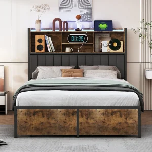 160×200 Opbergbed met LED en 2 lades, gestoffeerd bed met lattenbodem, tweepersoonsbed, metalen frame