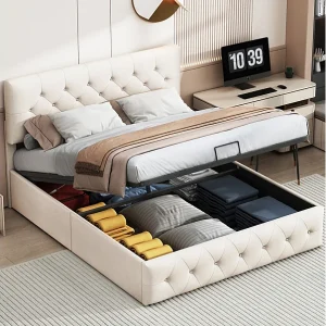 140×200 opbergbed met hoofdeinde, gestoffeerd bed met lattenbodem, tweepersoonsbed, beige 140×200 opbergbed met hoofdeinde, gestoffeerd bed met lattenbodem, tweepersoonsbed, beige