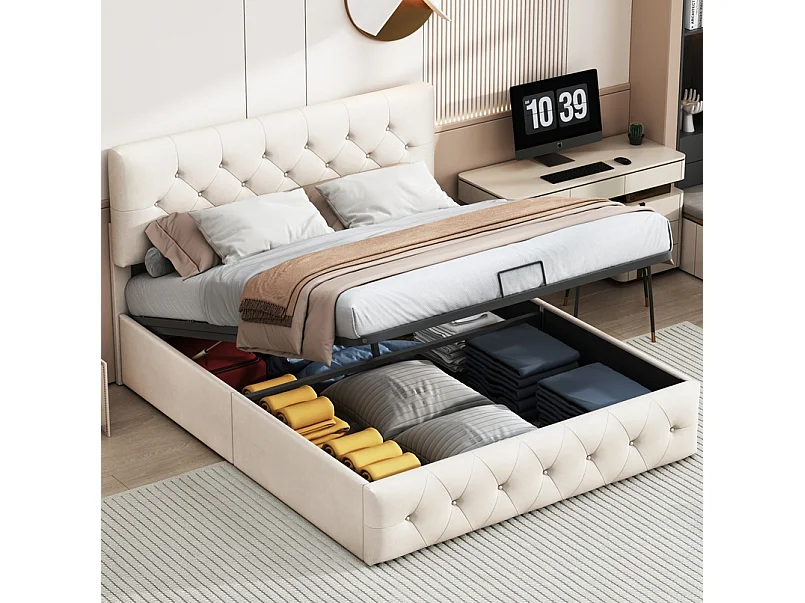 140×200 opbergbed met hoofdeinde, gestoffeerd bed met lattenbodem, tweepersoonsbed, beige