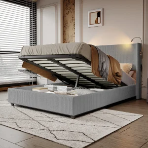 140x200cm fluwelen stoffen opbergbed – met leeslampjes – met lattenbodem – grijs 140x200cm fluwelen stoffen opbergbed – met leeslampjes – met lattenbodem – grijs