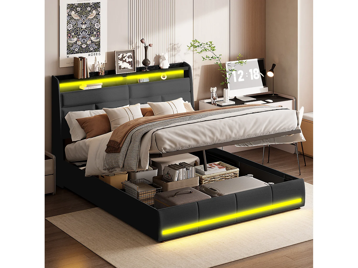 140x200 Opbergbed met USB en LED, Gestoffeerd bed met lattenbodem, Tweepersoonsbed, Zwart