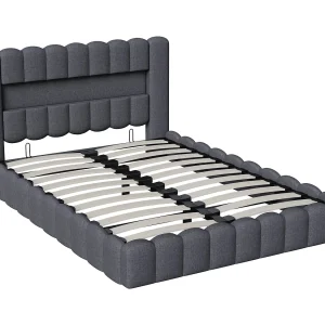 160×200 opbergbed met LED-hoofdeinde, gestoffeerd bed met lattenbodem, tweepersoonsbed, grijs