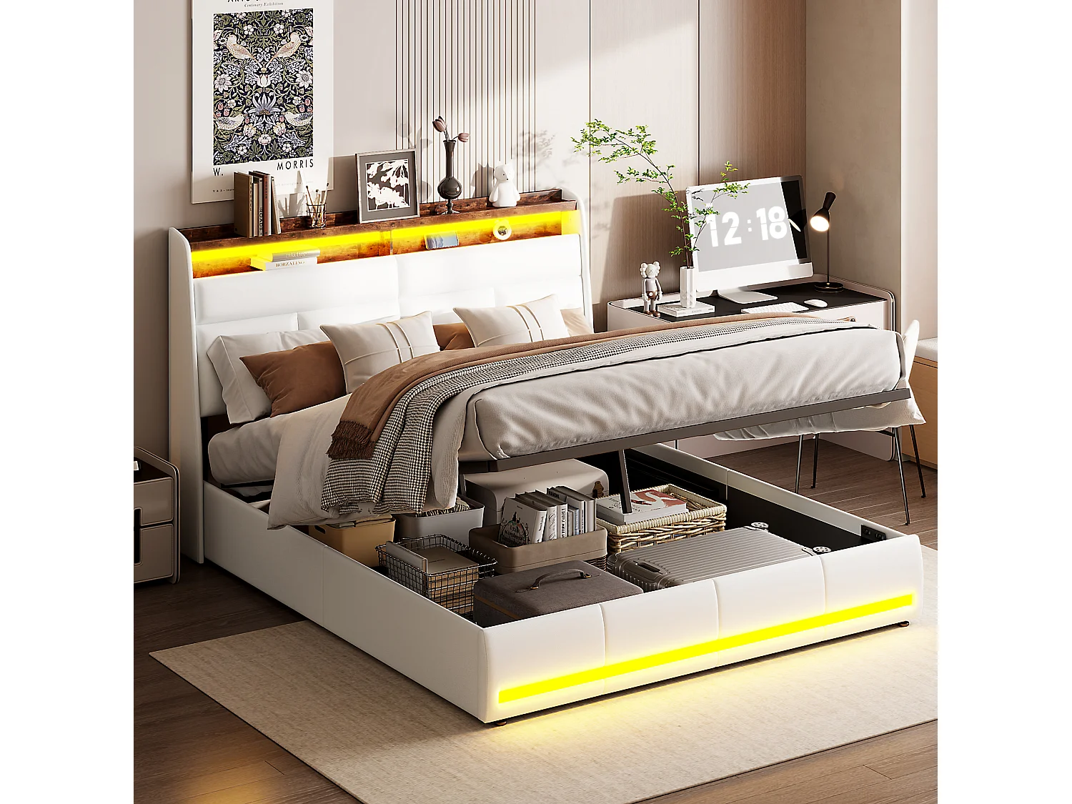 160x200 Opbergbed met basis en USB, LED, Bedframe met opbergruimte en hoofdeinde, Wit