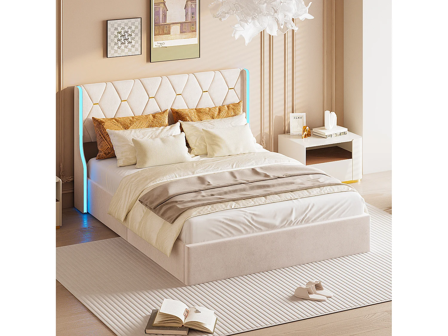 160x200 Opbergbed met LED, Gestoffeerd bed met lattenbodem, Tweepersoonsbed, Beige