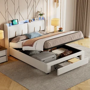 160×200 cm opbergbed met led-verlichting, lattenbodem, USB type C, witte fluwelen bekleding 160×200 cm opbergbed met led-verlichting, lattenbodem, USB type C, witte fluwelen bekleding