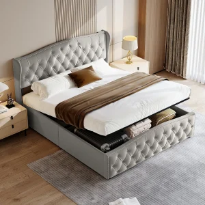 140×200 Opbergbed met lattenbodem, gestoffeerd bed met hydrauliek, tweepersoonsbed, grijs 140×200 Opbergbed met lattenbodem, gestoffeerd bed met hydrauliek, tweepersoonsbed, grijs
