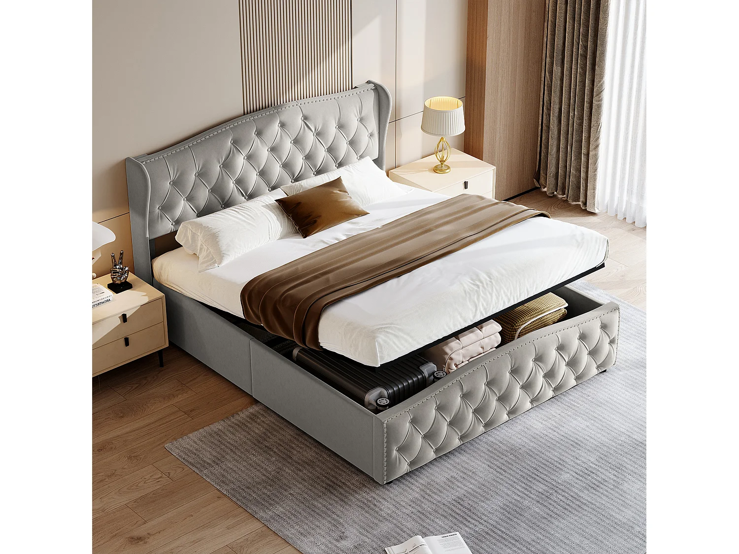 140x200 Opbergbed met lattenbodem, gestoffeerd bed met hydrauliek, tweepersoonsbed, grijs