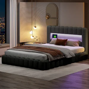 140×200 opbergbed met LED-hoofdeinde, gestoffeerd bed met lattenbodem, tweepersoonsbed, grijs 140×200 opbergbed met LED-hoofdeinde, gestoffeerd bed met lattenbodem, tweepersoonsbed, grijs