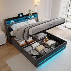 140×200 opbergbed met basis, opbergbed met USB Type C-poort, LED-verlichting, linnen, grijs