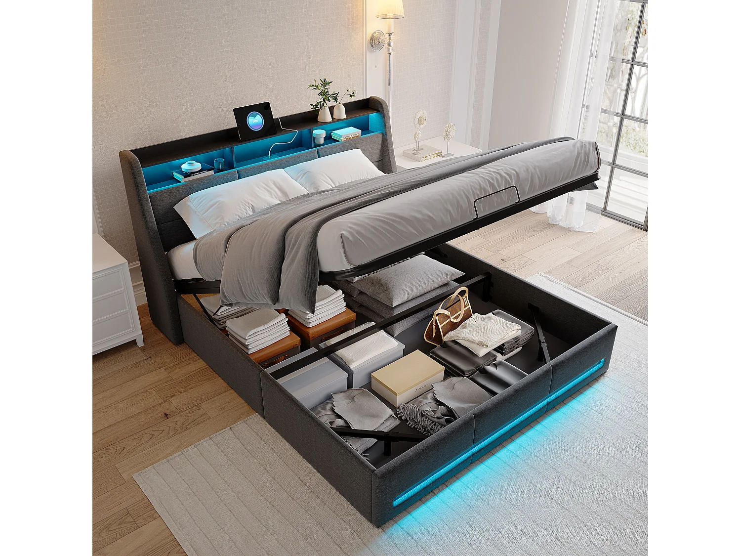 140×200 opbergbed met basis, opbergbed met USB Type C-poort, LED-verlichting, linnen, grijs