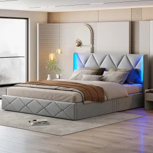160×200 Opbergbed met LED en hoofdeinde, gestoffeerd bed met lattenbodem, tweepersoonsbed, grijs